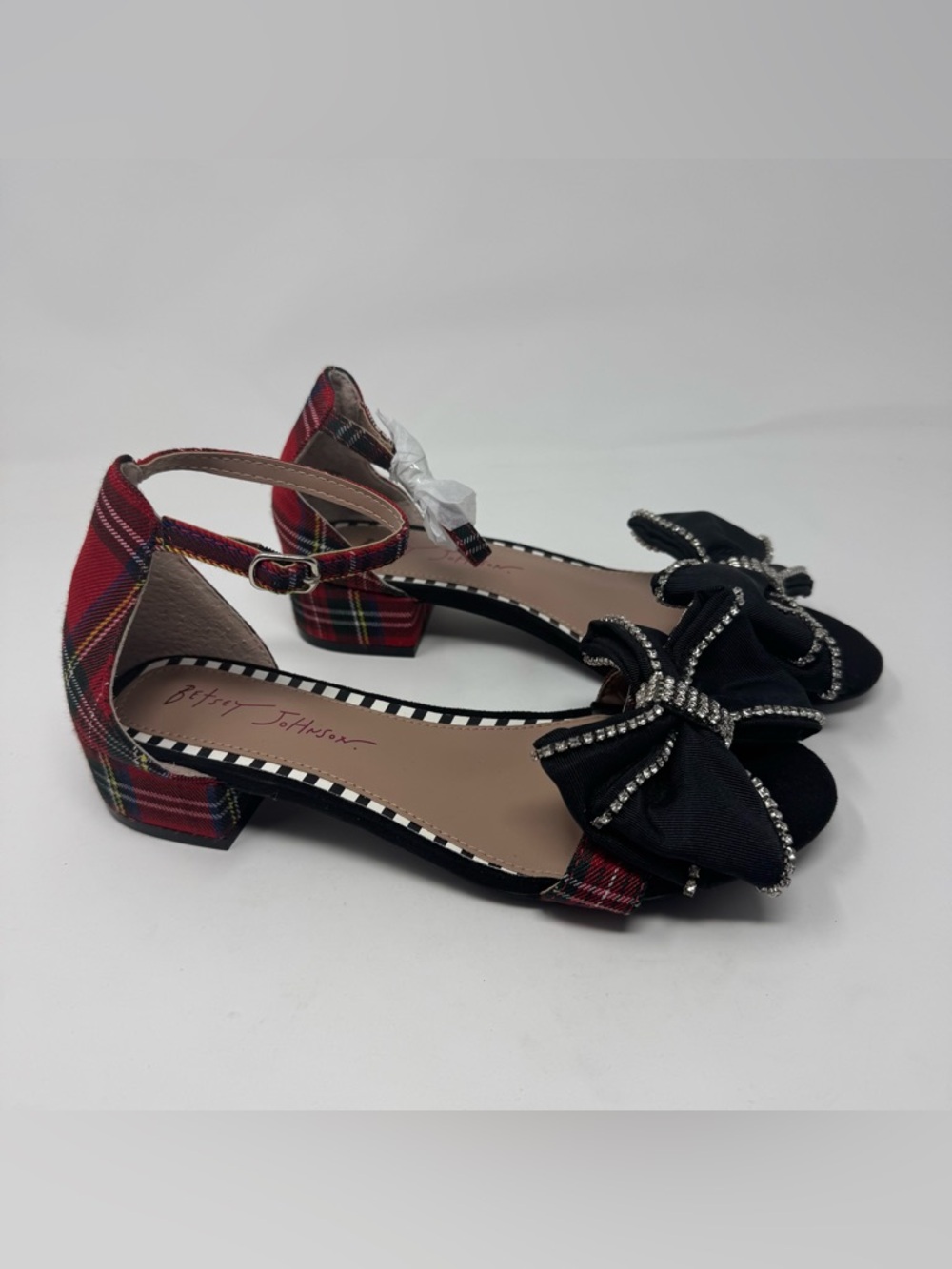 Betsey Johnson ZAYLE Kids Red Plaid Rhinestone Bow Ankle Strap Sandals Size 5M